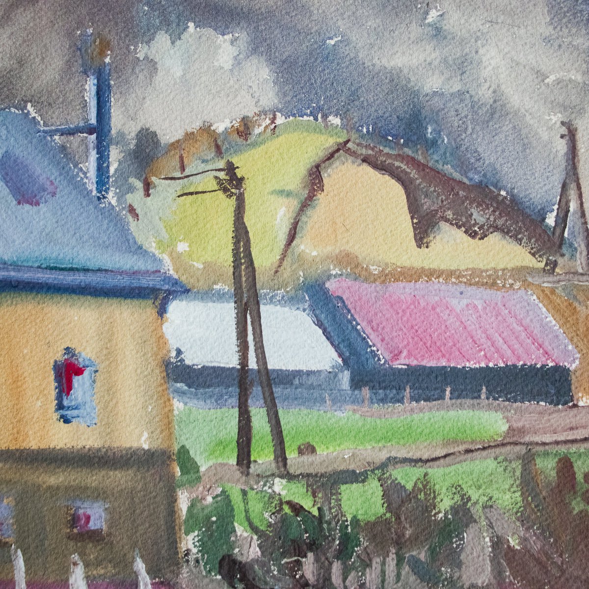Village with Stormy Sky Watercolor Painting - elsie green - art