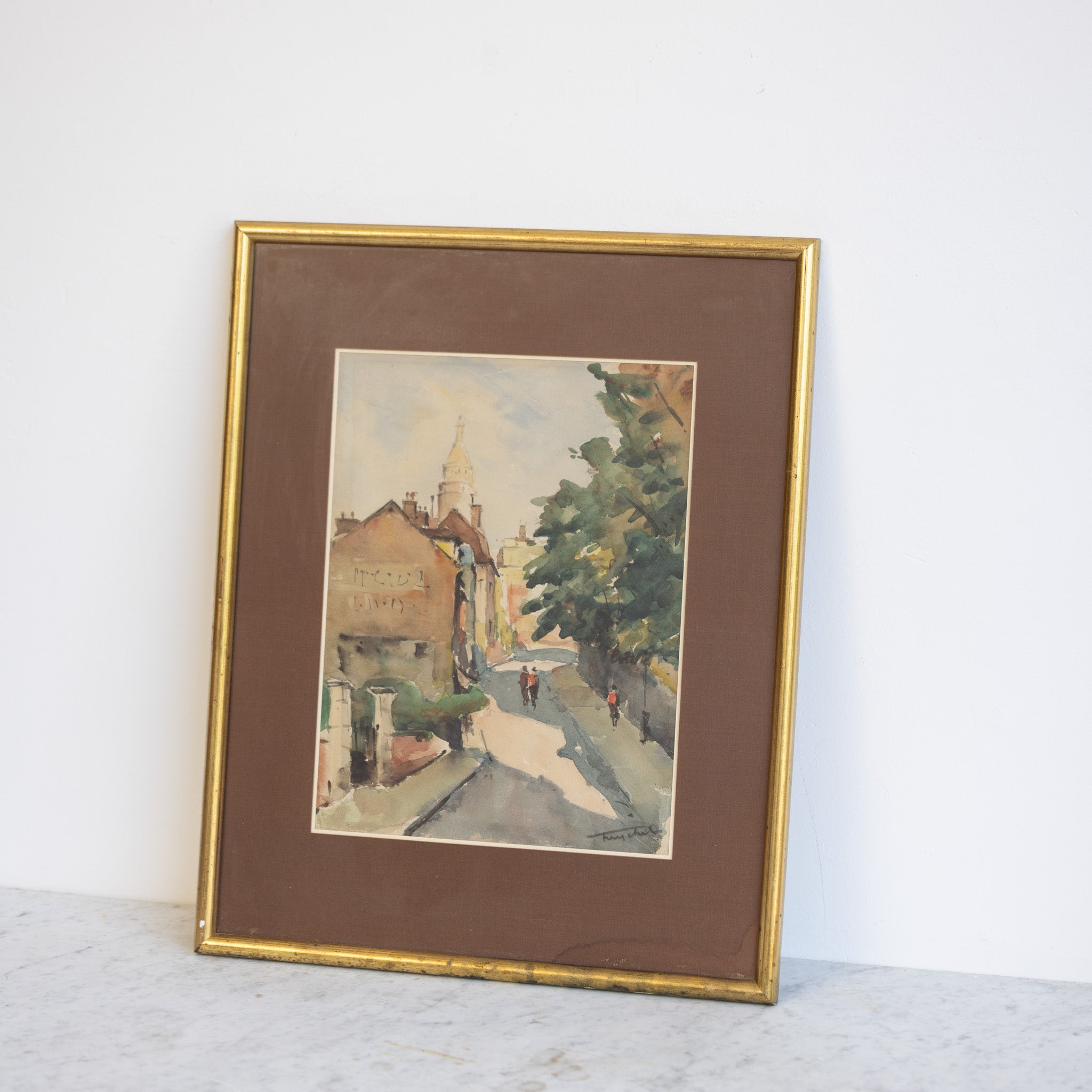 Village with Walking Figures Watercolor Painting - elsie green - art