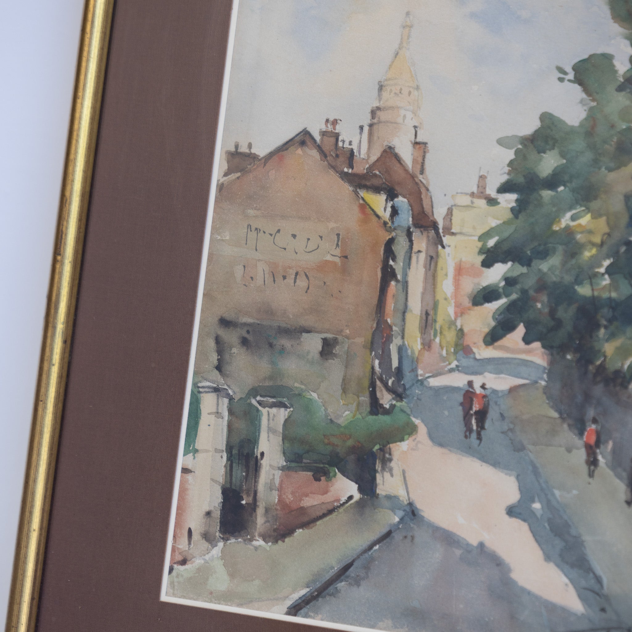 Village with Walking Figures Watercolor Painting - elsie green - art