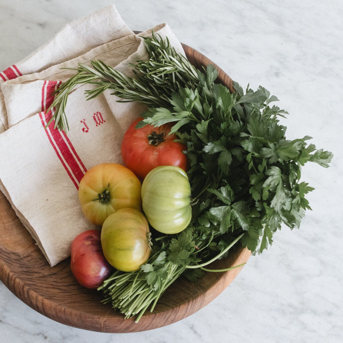Walnut Bowl with Pair of Vintage Kitchen Towels - elsie green - the french kitchen