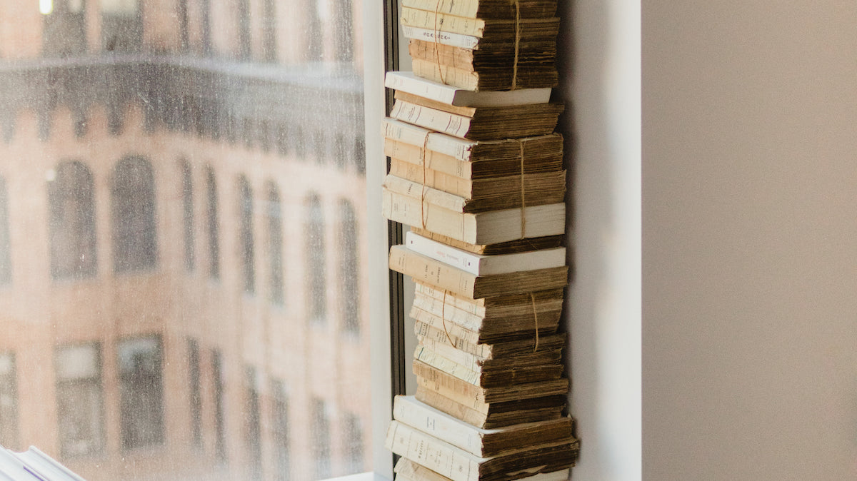 stack of french books in window