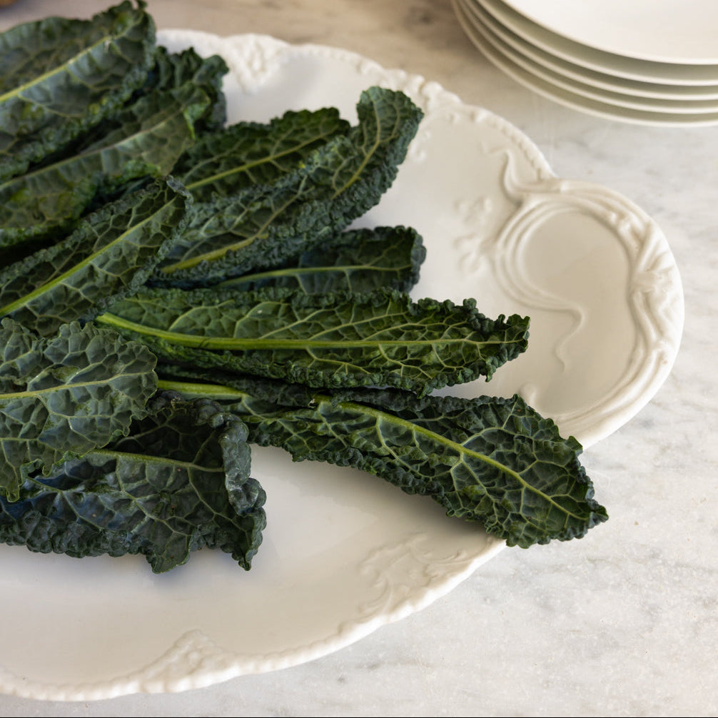 Fresh dark green kale leaves arranged on a white decorative ceramic plate, with a stack of matching white plates on a light marble surface in the background.