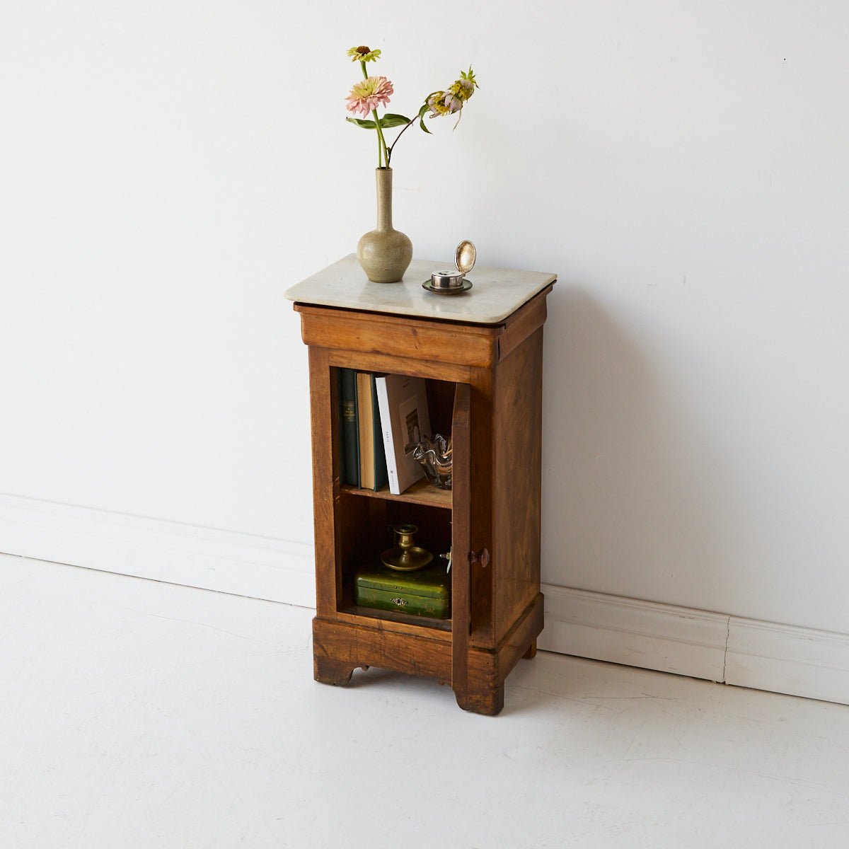 Antique Marble Bedside Table with Book-matched Door - elsie green - furniture