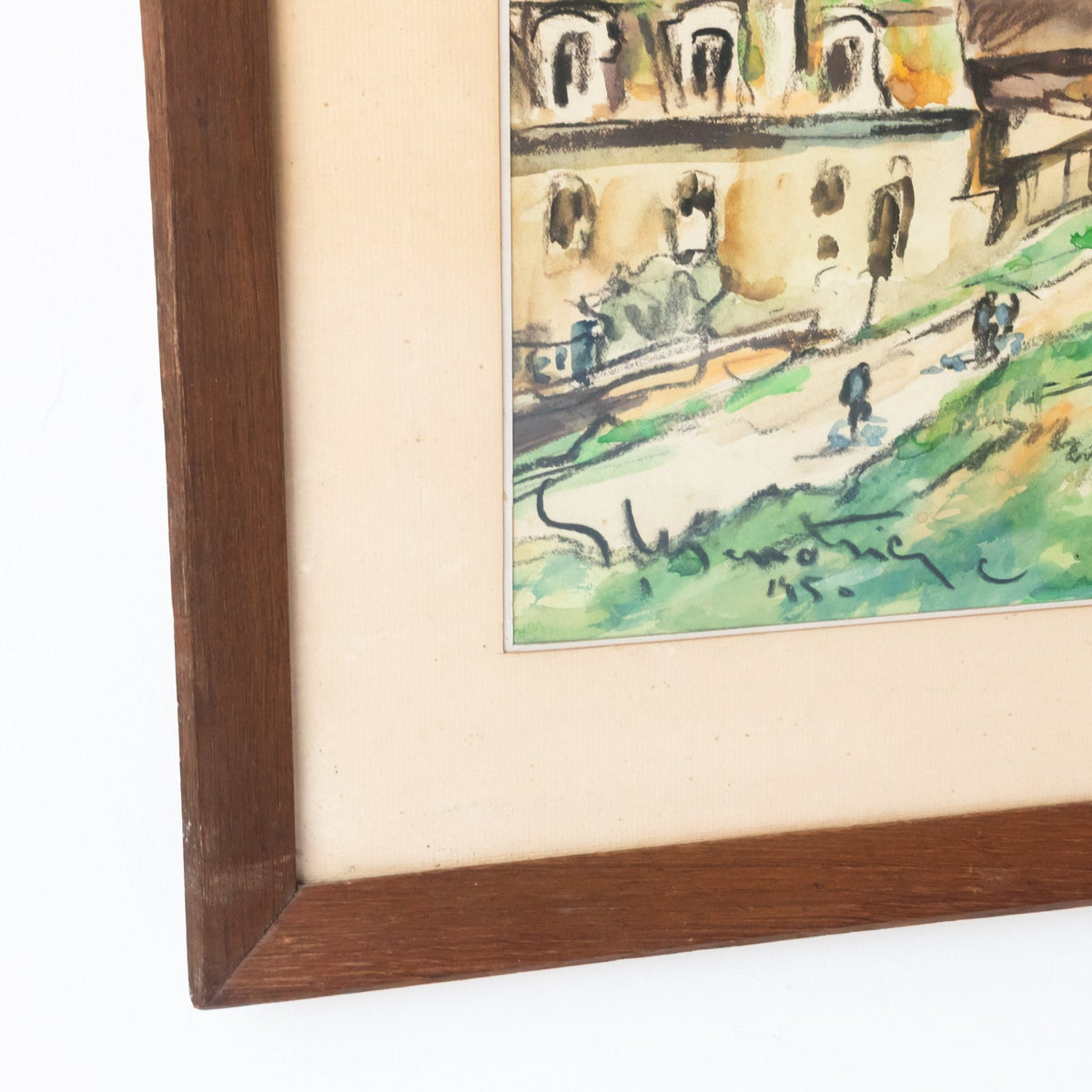 City Park with Walking Figures Watercolor Painting | Dated 1950 - elsie green - art