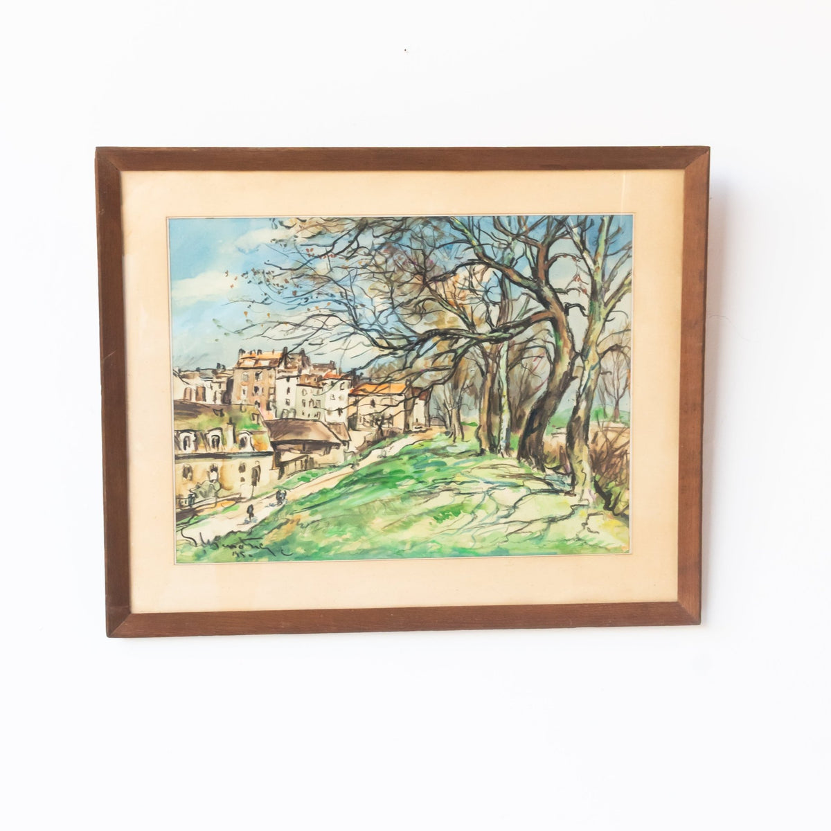City Park with Walking Figures Watercolor Painting | Dated 1950 - elsie green - art