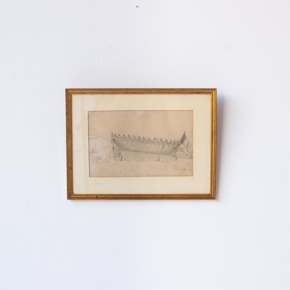 Drawing with Ship And French Flag | Dated 1861 - elsie green - art
