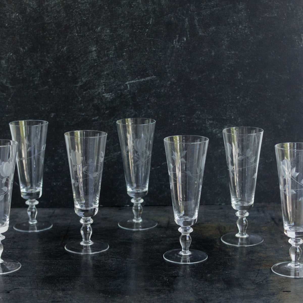 Engraved Floral Champagne Flute Set of 7 - elsie green - The French Kitchen