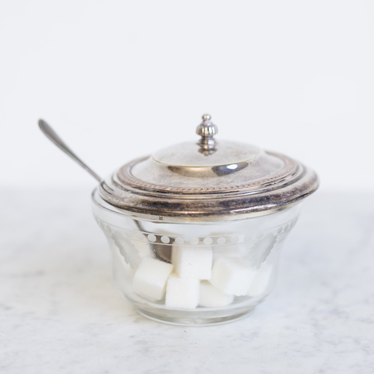 Etched Glass Sugar Bowl with Silver Spoon - elsie green - the french kitchen