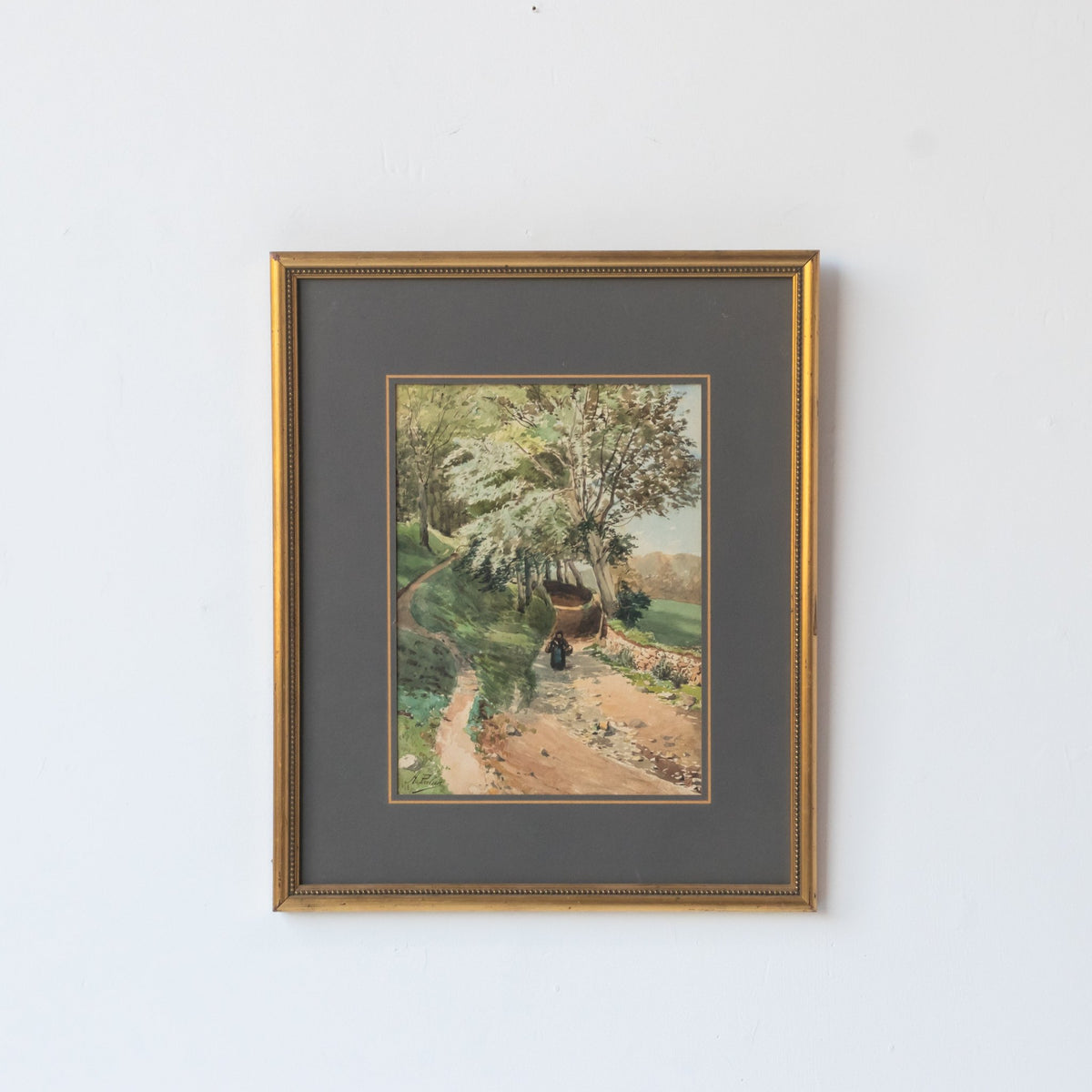 Figure with Baskets on Forest Path Watercolor Painting - elsie green - art