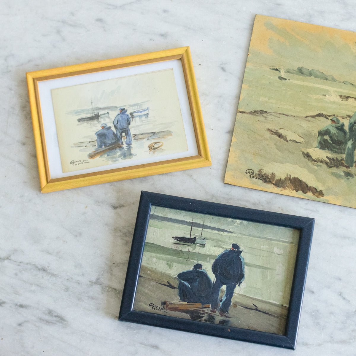 Figures on Stormy Shore | Trio of Paintings - elsie green - art