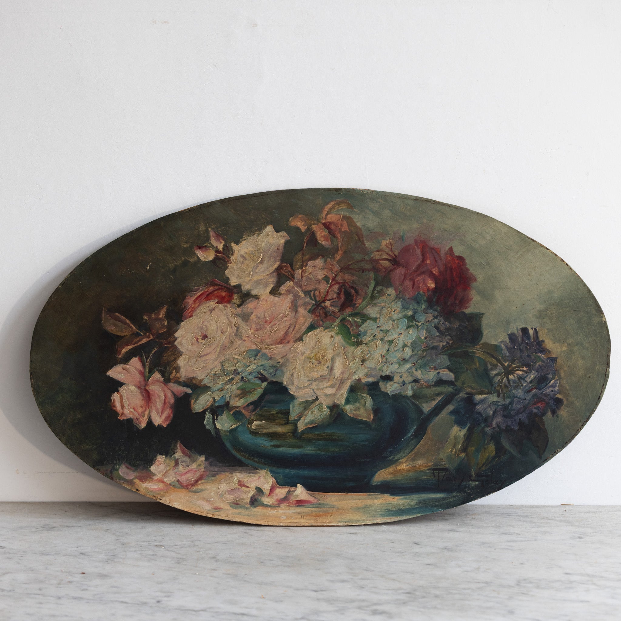 Floral Still Life in Oval Oil Painting - elsie green - art