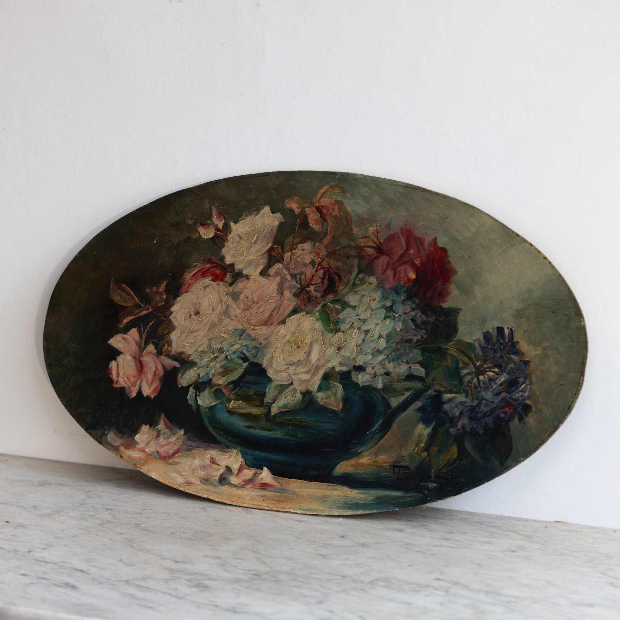 Floral Still Life in Oval Oil Painting - elsie green - art