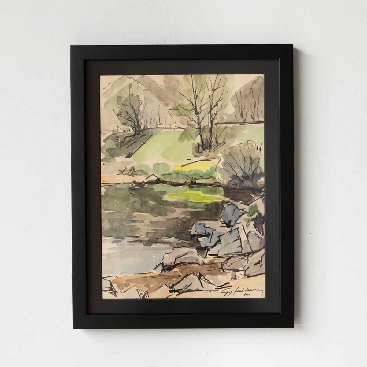 Framed Watercolor with Pond and Trees | Dated 1960 - elsie green - art