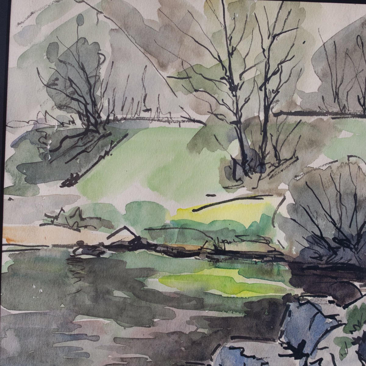 Framed Watercolor with Pond and Trees | Dated 1960 - elsie green - art