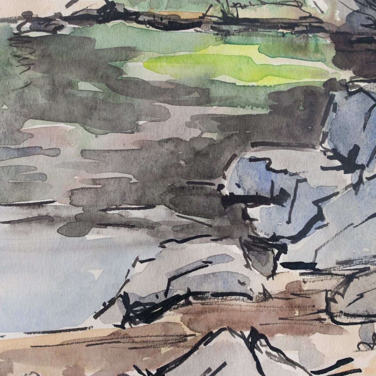 Framed Watercolor with Pond and Trees | Dated 1960 - elsie green - art