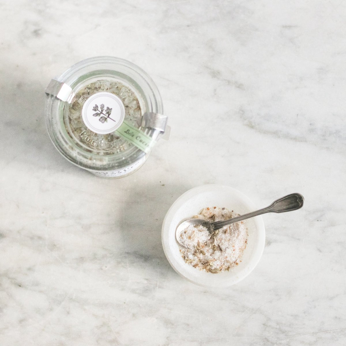 French at Heart Cookbook with Moroccan Marble Bowl and Silver Salt Spoon - elsie green - the french kitchen