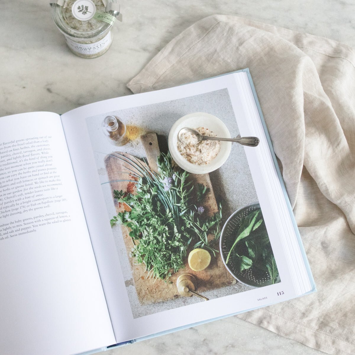 French at Heart Cookbook with Moroccan Marble Bowl and Silver Salt Spoon - elsie green - the french kitchen