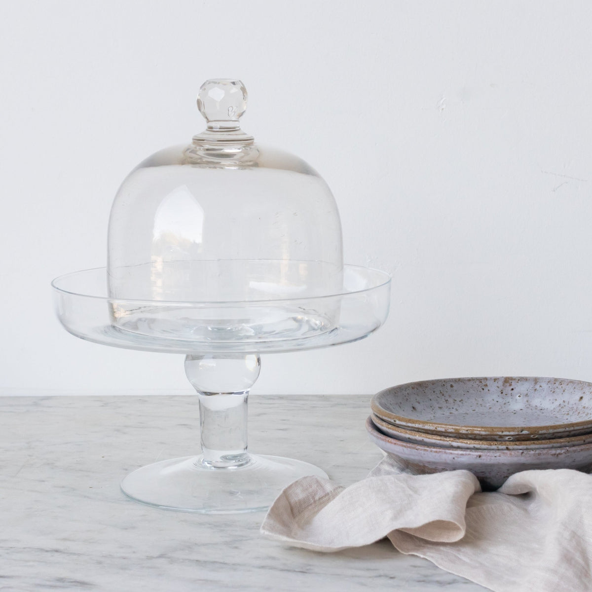 Glass Dome with Pedestal and Trio of Stoneware Plates - elsie green - the french kitchen