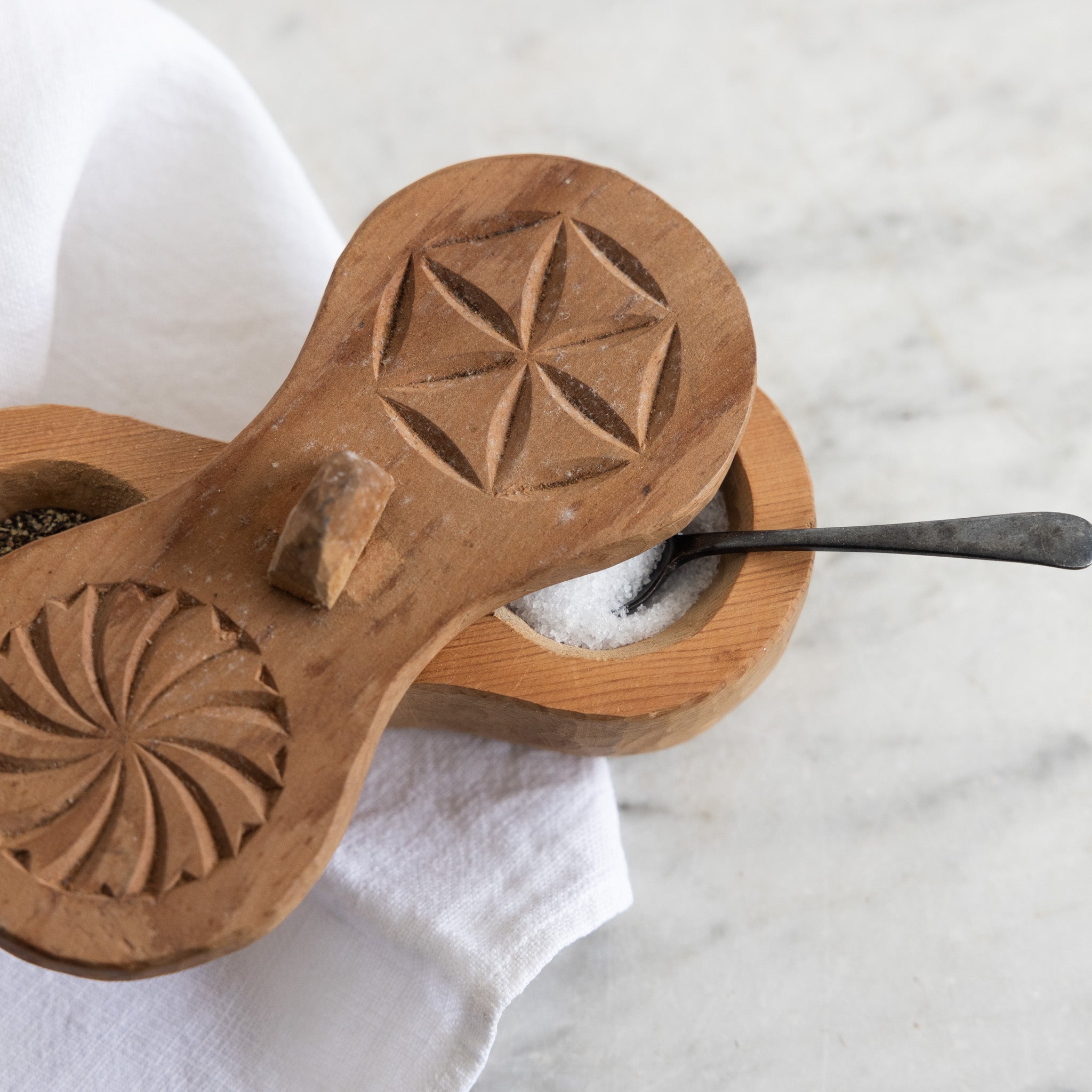 Hand Carved Wood Spice Dispenser with Pair of Silver Salt Spoons - elsie green - the french kitchen