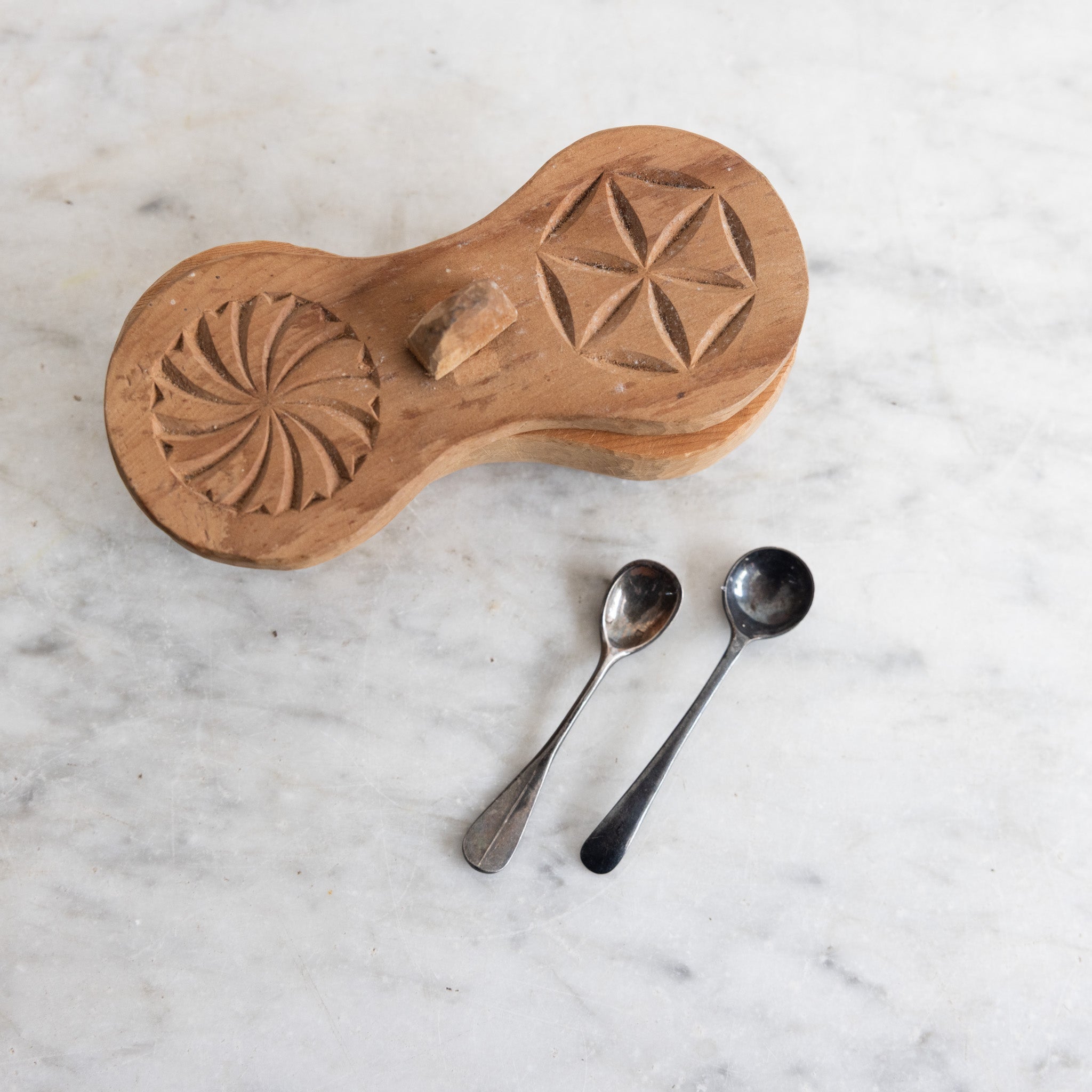 Hand Carved Wood Spice Dispenser with Pair of Silver Salt Spoons - elsie green - the french kitchen