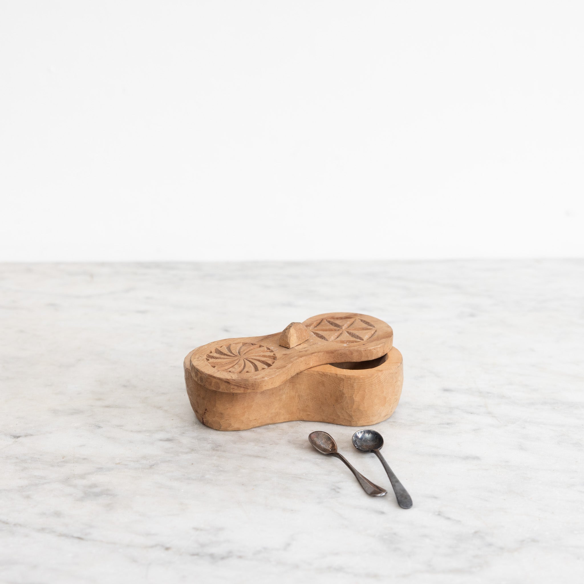 Hand Carved Wood Spice Dispenser with Pair of Silver Salt Spoons - elsie green - the french kitchen
