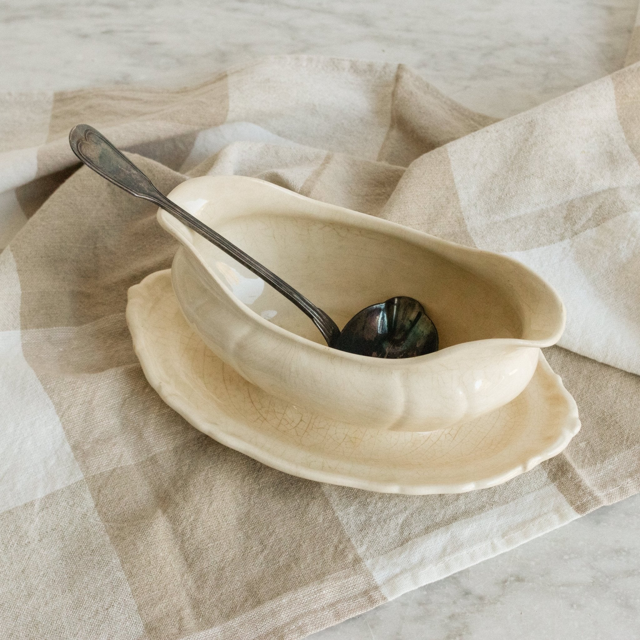 Ironstone Gravy Boat With Silver Ladle - elsie green - The French Kitchen