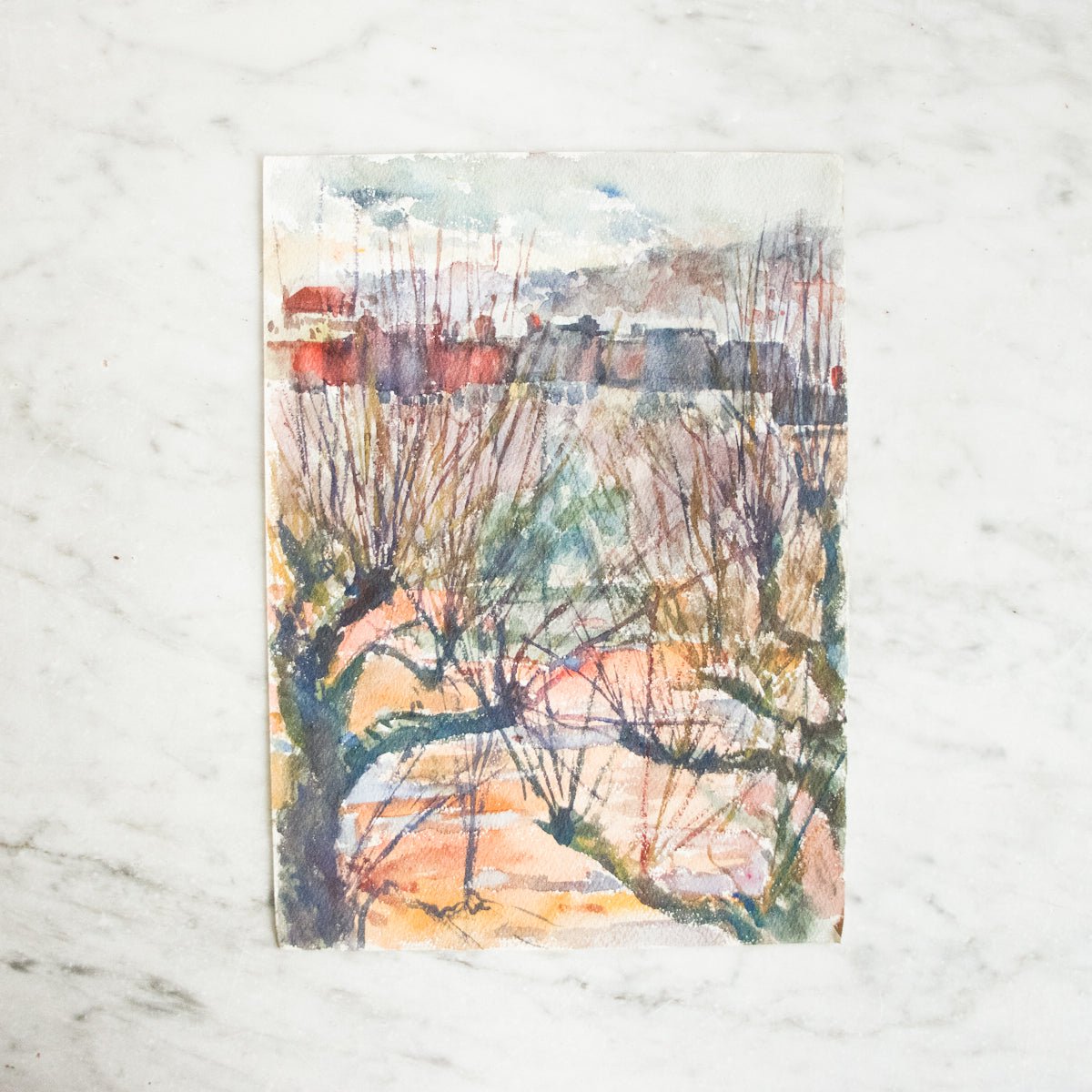 Landscape through Barren Trees Watercolor Painting - elsie green - art