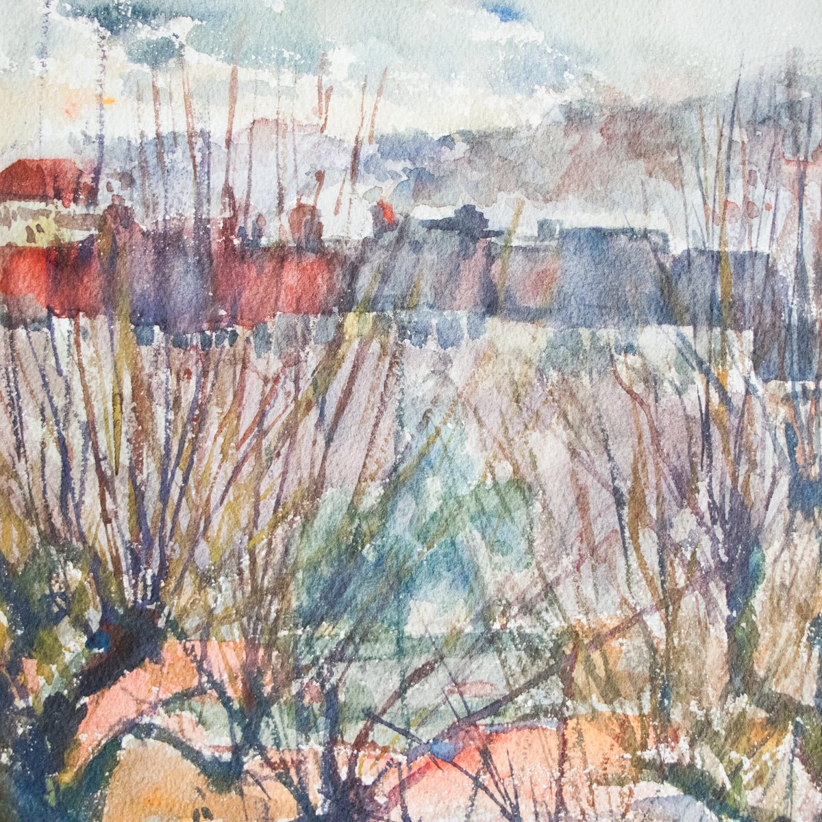 Landscape through Barren Trees Watercolor Painting - elsie green - art