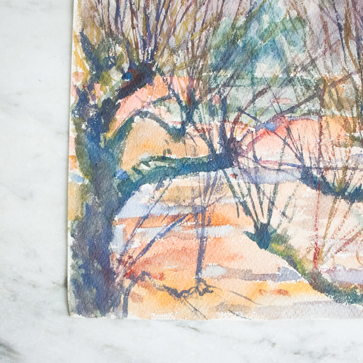 Landscape through Barren Trees Watercolor Painting - elsie green - art