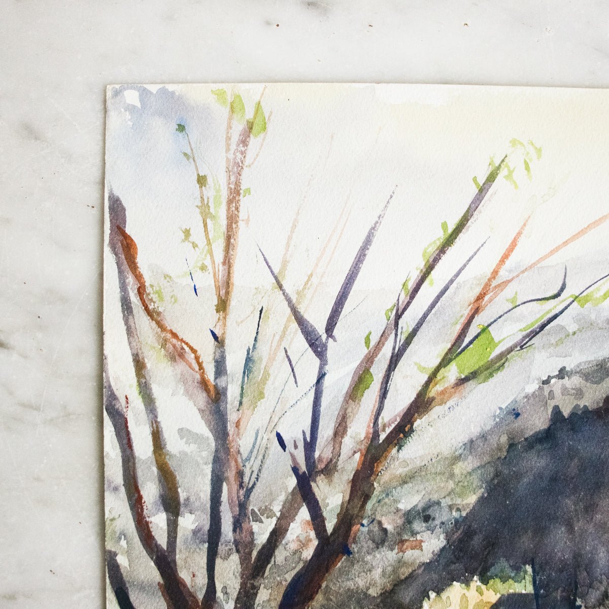 Landscape with Barren Tree Watercolor Painting - elsie green - art