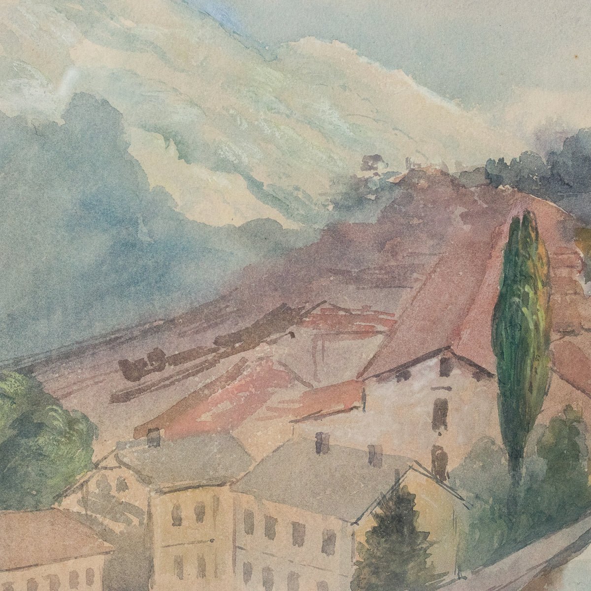 Landscape With Distant Mountains Watercolor Painting - elsie green - Art