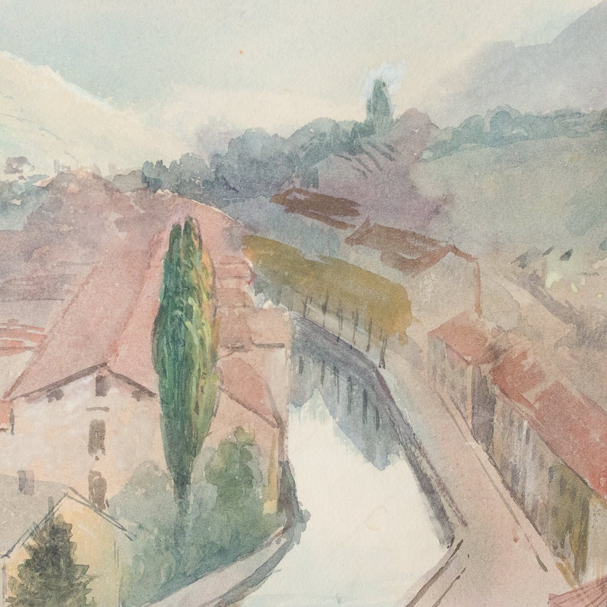 Landscape With Distant Mountains Watercolor Painting - elsie green - Art