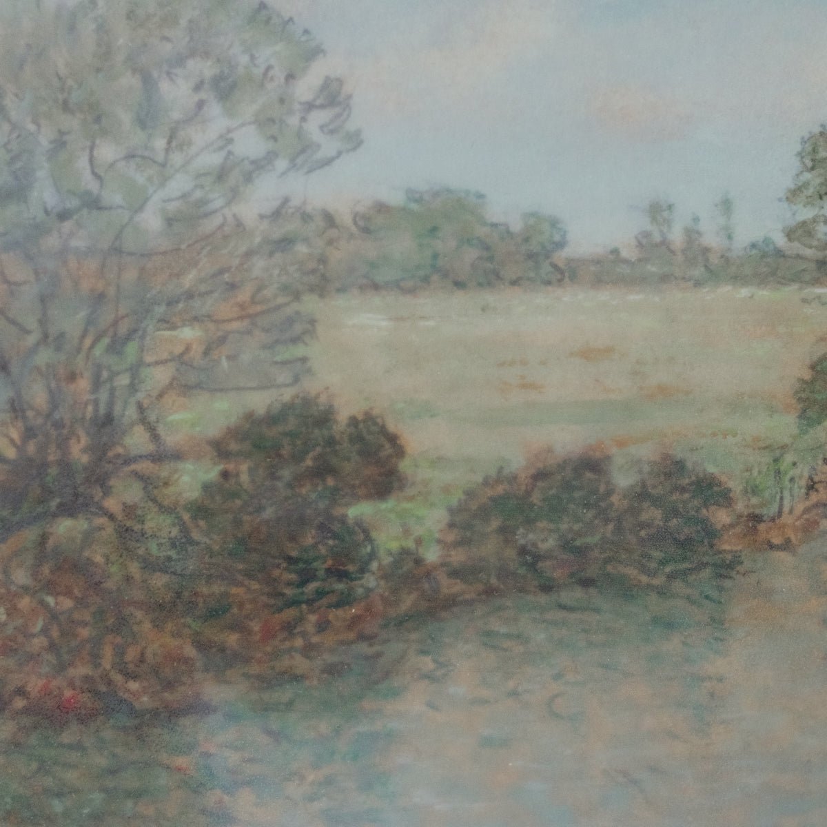 Landscape with Foggy Meadow Watercolor Painting - elsie green - art