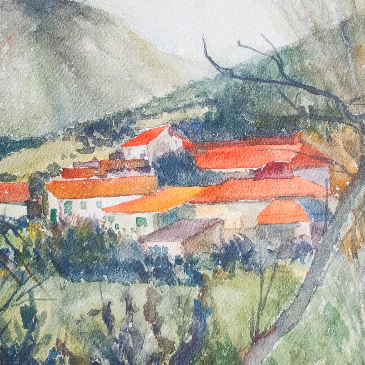 Landscape with Tiled Roofs Watercolor Painting - elsie green - art