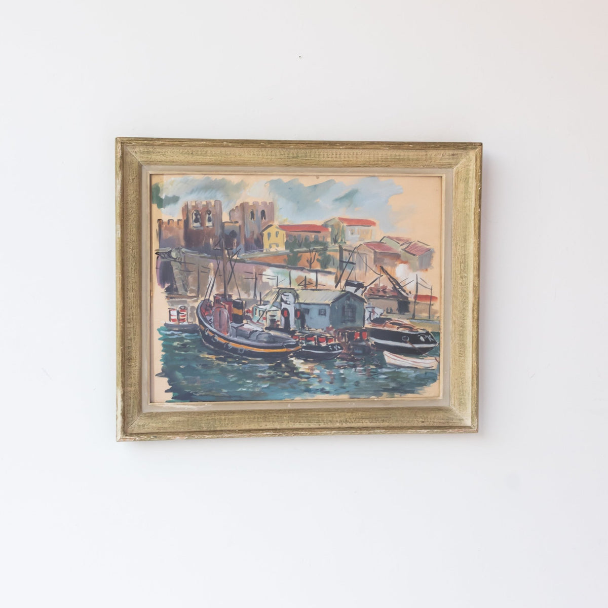 Marina with Working Boats Watercolor Painting - elsie green - art