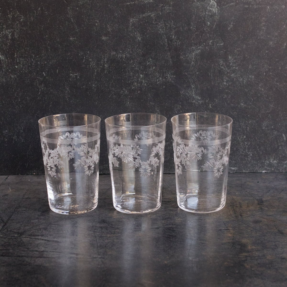 Matched Trio Of Blown Glass Tumblers With Floral Etching - elsie green - The French Kitchen