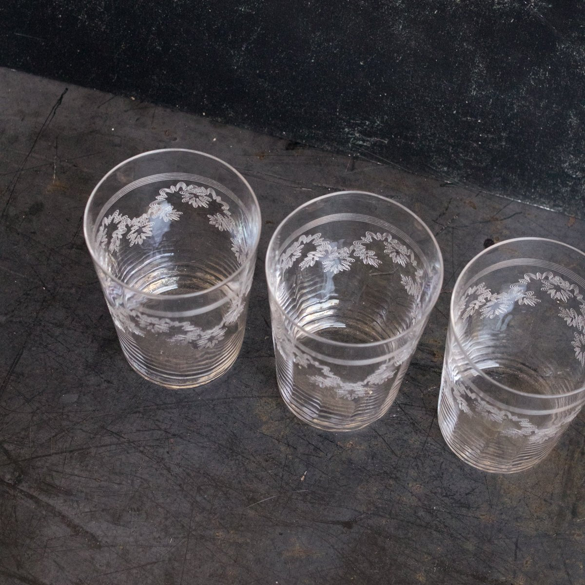 Matched Trio Of Blown Glass Tumblers With Floral Etching - elsie green - The French Kitchen