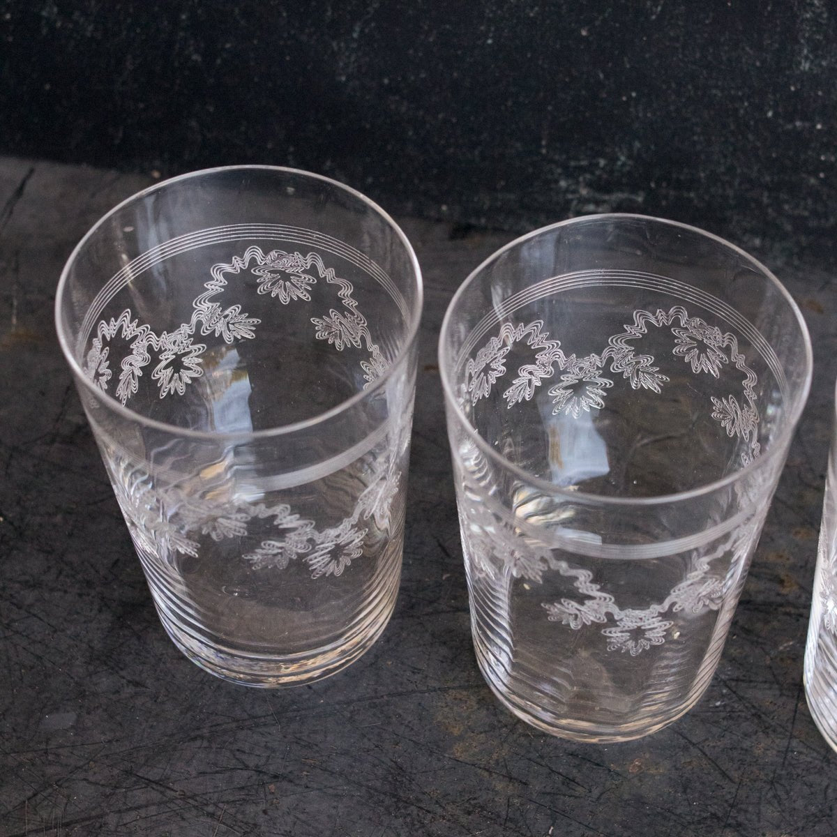 Matched Trio Of Blown Glass Tumblers With Floral Etching - elsie green - The French Kitchen