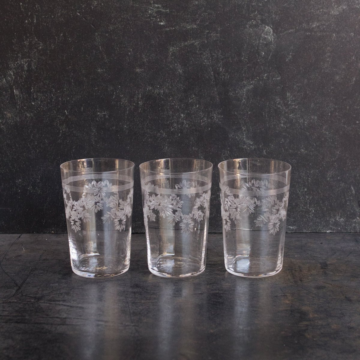Matched Trio Of Blown Glass Tumblers With Floral Etching - elsie green - The French Kitchen