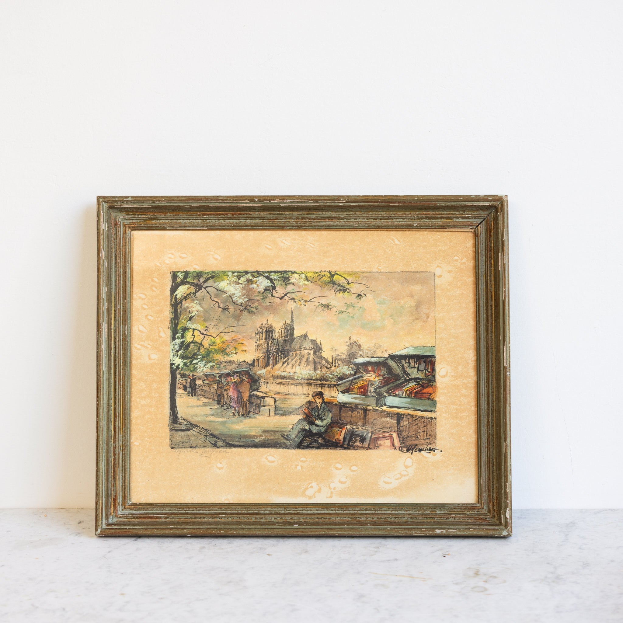 Notre Dame with Bouquinistes Watercolor Painting - elsie green - art
