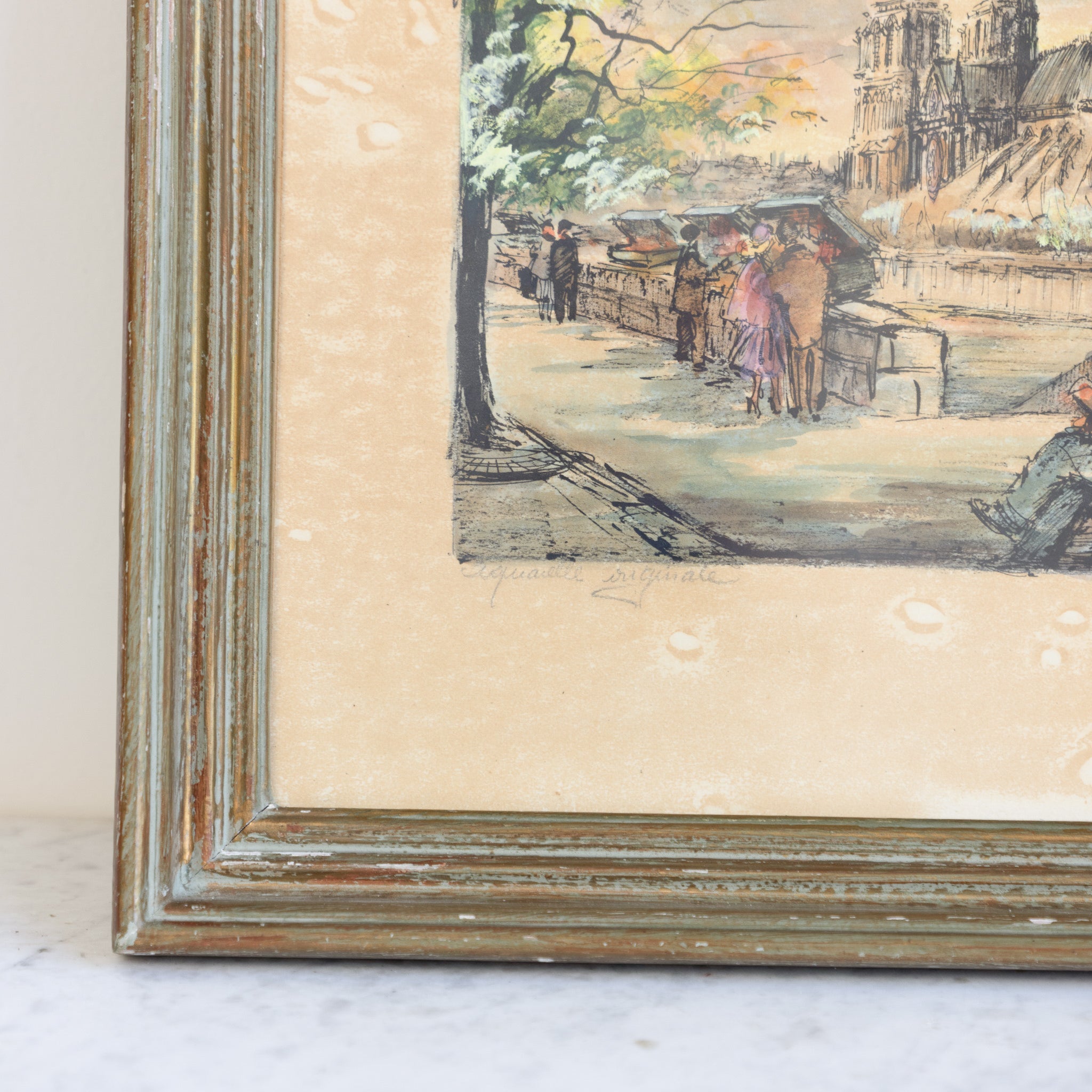 Notre Dame with Bouquinistes Watercolor Painting - elsie green - art
