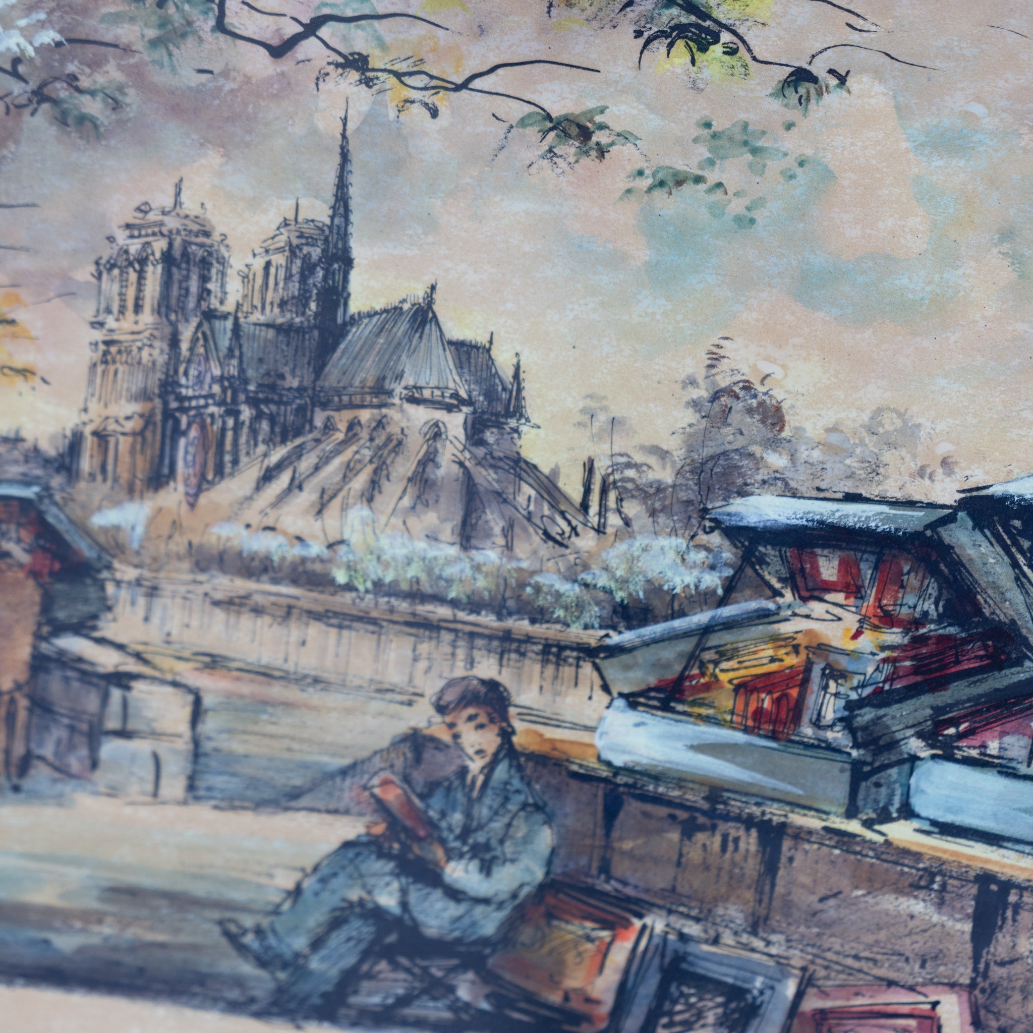 Notre Dame with Bouquinistes Watercolor Painting - elsie green - art
