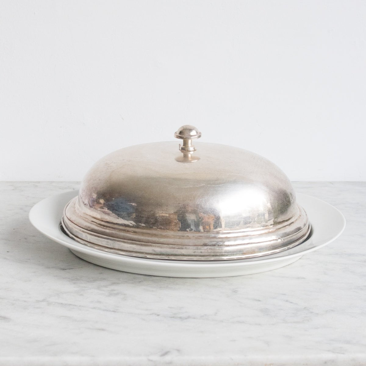 Oval Hotel Silver Dome And Porcelain Platter - elsie green - The French Kitchen