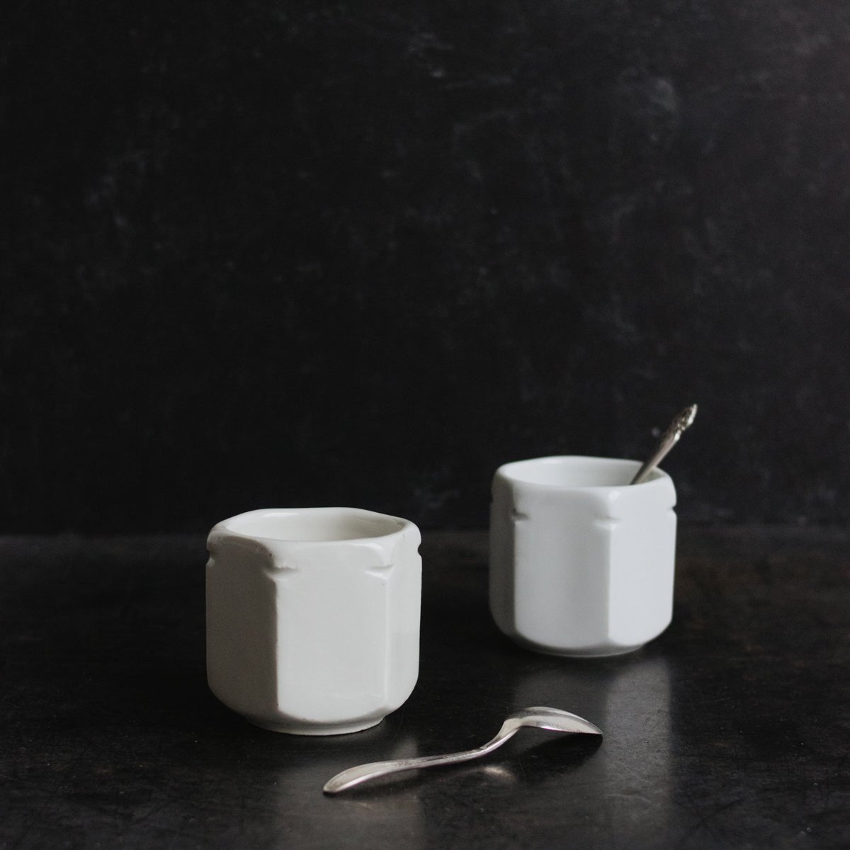 Pair of Alacta Porcelain Yogurt Pots with Demitasse Spoons - elsie green - the french kitchen