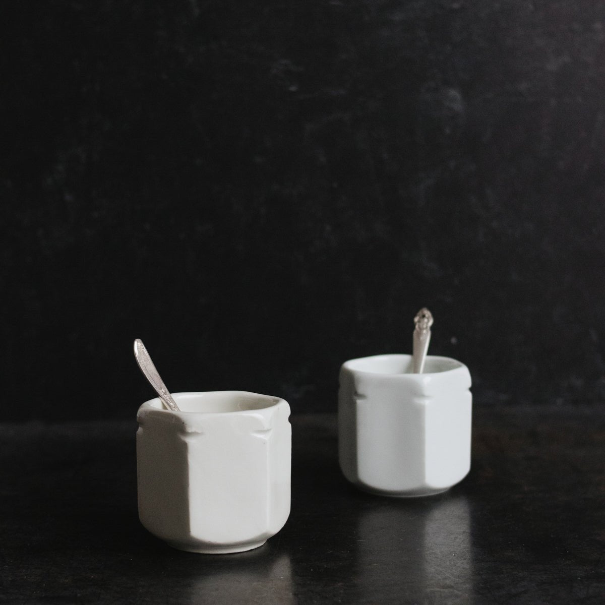 Pair of Alacta Porcelain Yogurt Pots with Demitasse Spoons - elsie green - the french kitchen