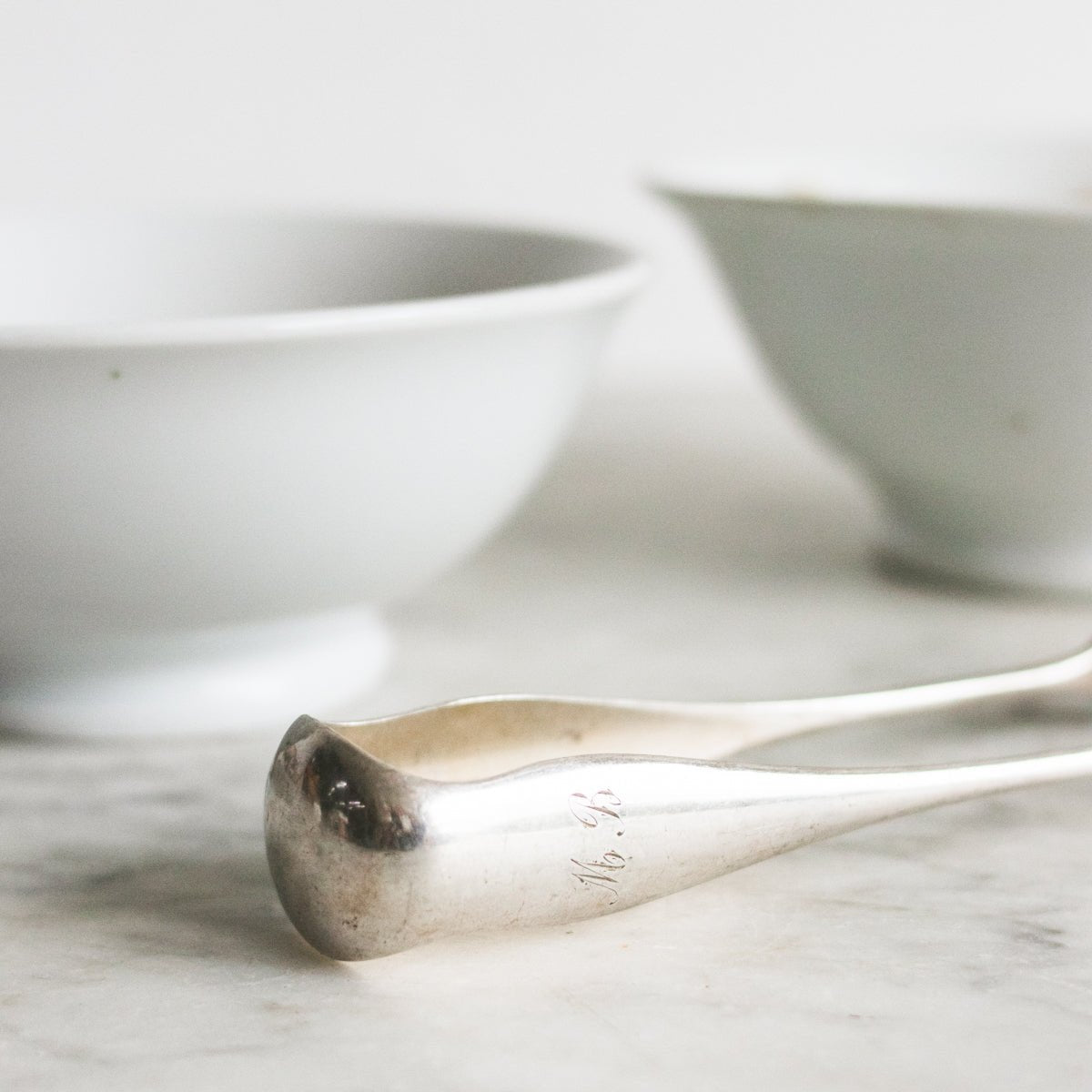 Pair of Grande Cafe Bowls & Engraved Silver Tongs - elsie green - the french kitchen
