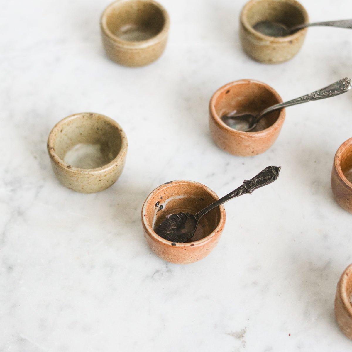 Pair of Petite Stoneware Ramekins with Silver Salt Spoon - elsie green - the french kitchen