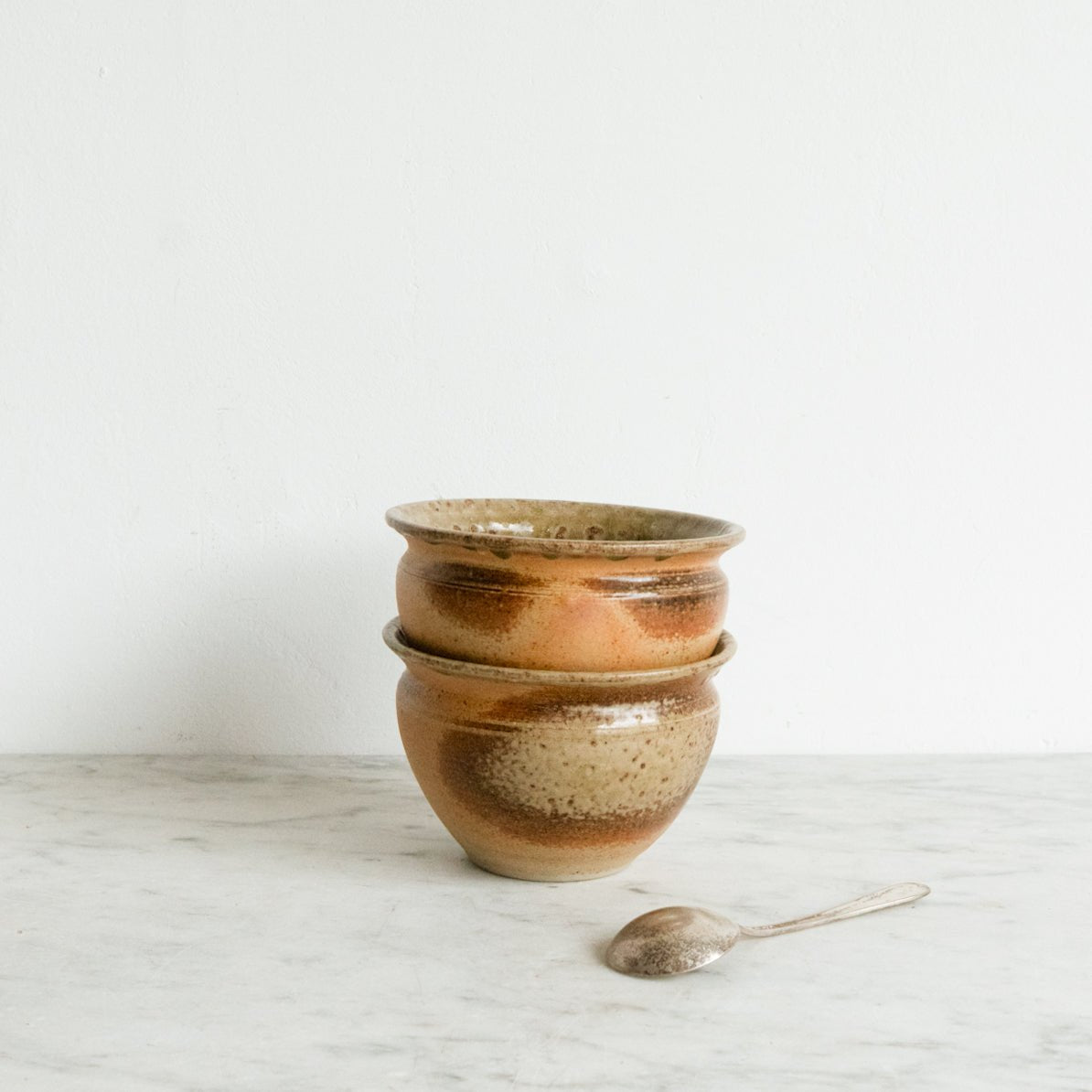 Pair Of Stoneware Bowls With Silver Spoon - elsie green - The French Kitchen