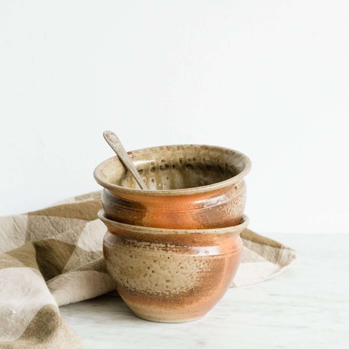 Pair Of Stoneware Bowls With Silver Spoon - elsie green - The French Kitchen