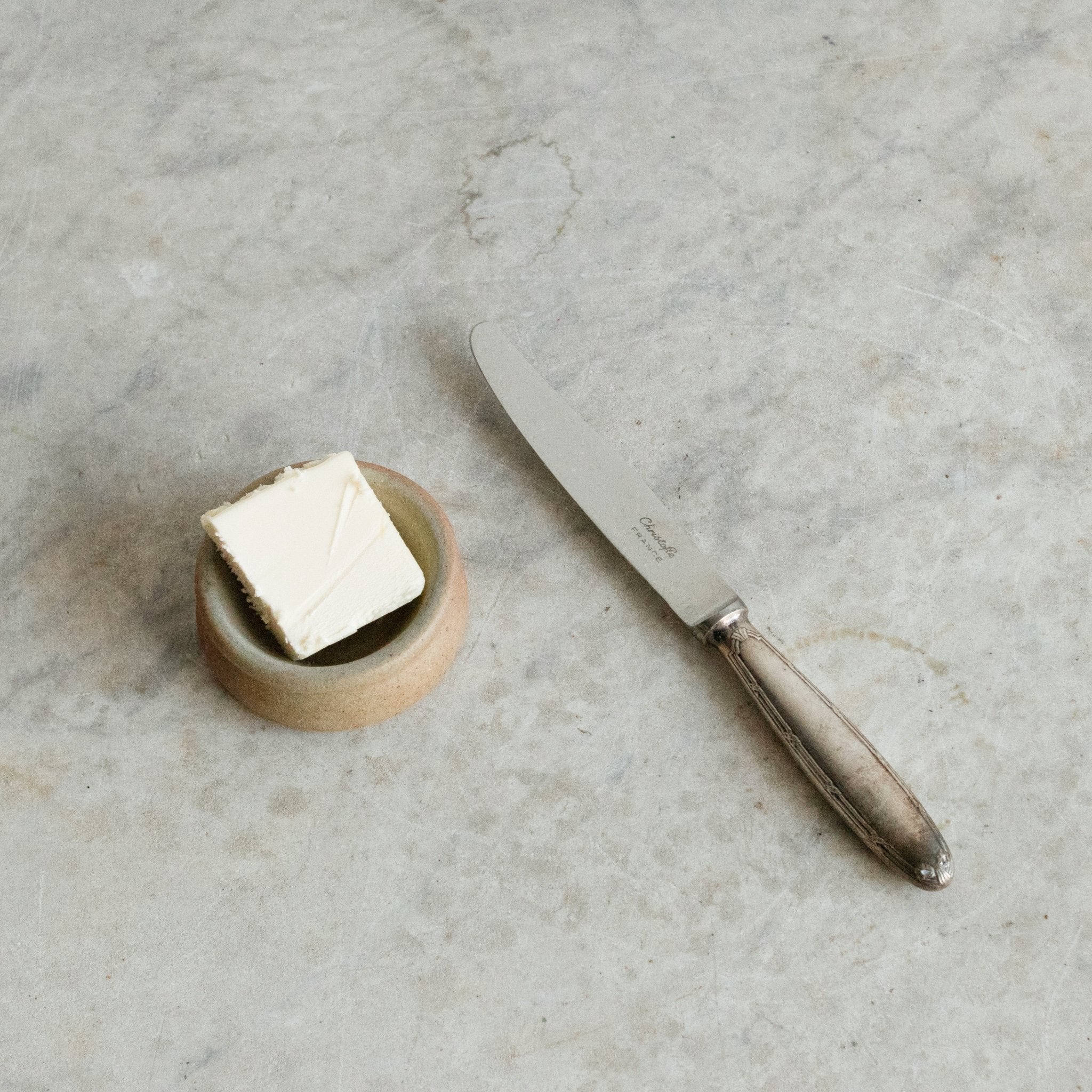 Pair Of Stoneware Butter Pats & Christofle Knives - elsie green - the french kitchen
